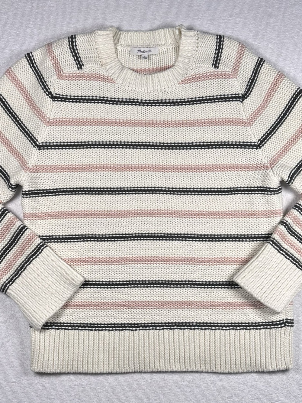 Madewell Striped Textured-Stitch Crewneck Sweater 100% Cotton Cream, Pink & Gray